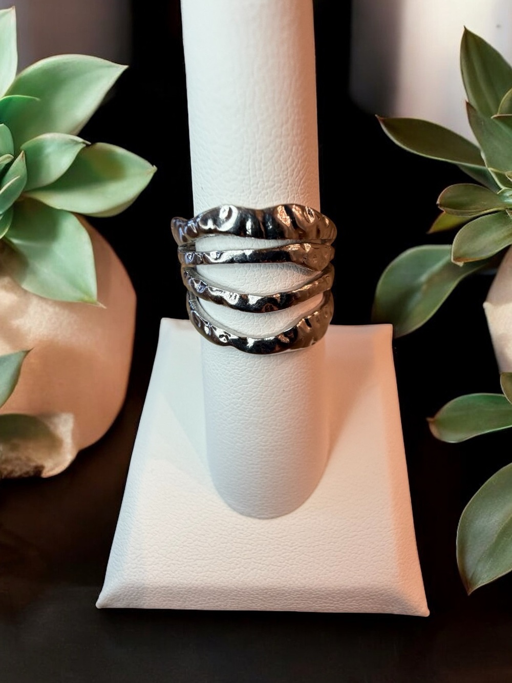 Stainless SteelTextured Open Band Adjustable Ring - Silver NEW